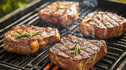 Grilled steaks with rosemary on a barbecue grill.
