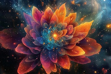 Cosmic flower blooms in vibrant colors against a starry galaxy background