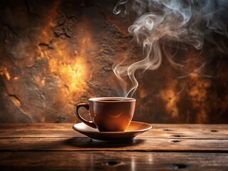 Fototapeta premium Warm Minimalist Coffee Cup on Wooden Counter - Modern Double Exposure Stock Photo