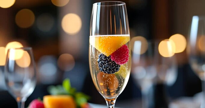 Close-up view of champagne flute filled with sparkling wine and garnished with raspberries, blackberries, and a slice of orange.  Soft background lighting