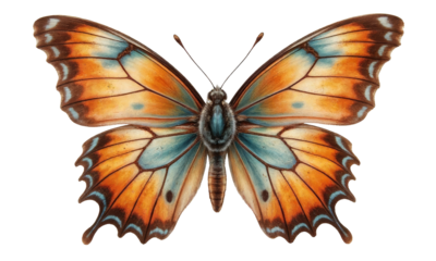Butterfly with orange and blue patterned wings, transparent background