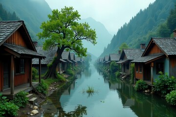 Obraz premium Serene Lakeside Village Nestled Amongst Misty Mountains and Lush Greenery, Reflecting Tranquil Waters