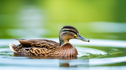 Fototapeta premium A mesmerizing young duck gracefully gliding through a sunlit pond surrounded by vibrant greenery