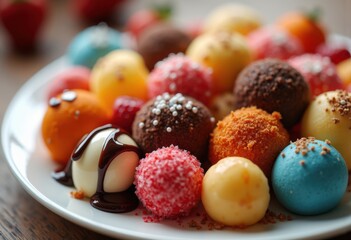 captivating macro assorted colorful sweets featuring vivid textures rich tones, macros, treats, candies, fruit, gelatin, chocolate, lollipop, topping