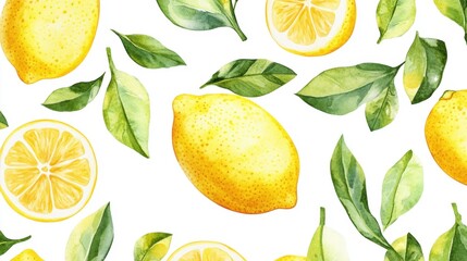 Seamless watercolor pattern with fresh lemons and green leaves