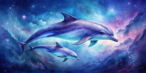 Fototapeta premium Watercolor Dolphin Painting, Night Ocean Scene, Mother & Baby Dolphins, Blue Purple Hues