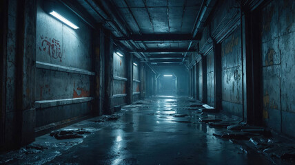 A haunting and abandoned corridor with cracked walls and scattered debris, illuminated by harsh blue lights, creating an eerie and dystopian atmosphere in the decaying space