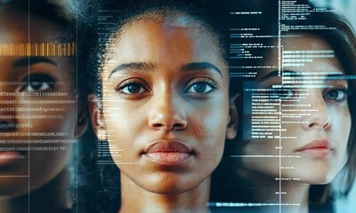 Three diverse women portrayed with data overlays, representing technology and innovative concepts. - Powered by Adobe