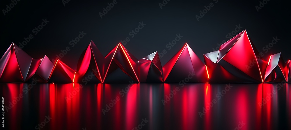 Poster bright red neon geometric shapes with reflections on a glossy black surface creating a futuristic ba
