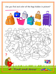 Fototapeta premium Can you find and color all the bags hidden in picture? Educational page for little children. Logic puzzle game. Coloring book. Worksheet for kids school textbook. Flat vector illustration.