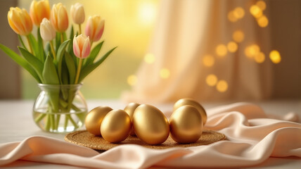 A cozy spring scene featuring golden Easter eggs on a table with soft fabric, tulip flowers in a vase, and warm bokeh lighting