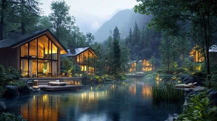 Obraz premium Modern cabins with large windows situated beside a serene lake