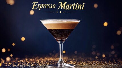 Elegant espresso martini cocktail in a glass with a creamy foam layer on top, set against a dark background with golden lights.