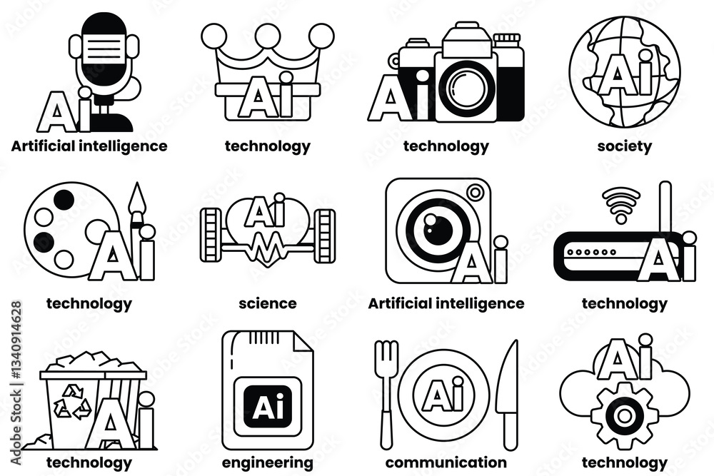 Poster set of illustrations in the concept of artificial intelligence and things in line art style