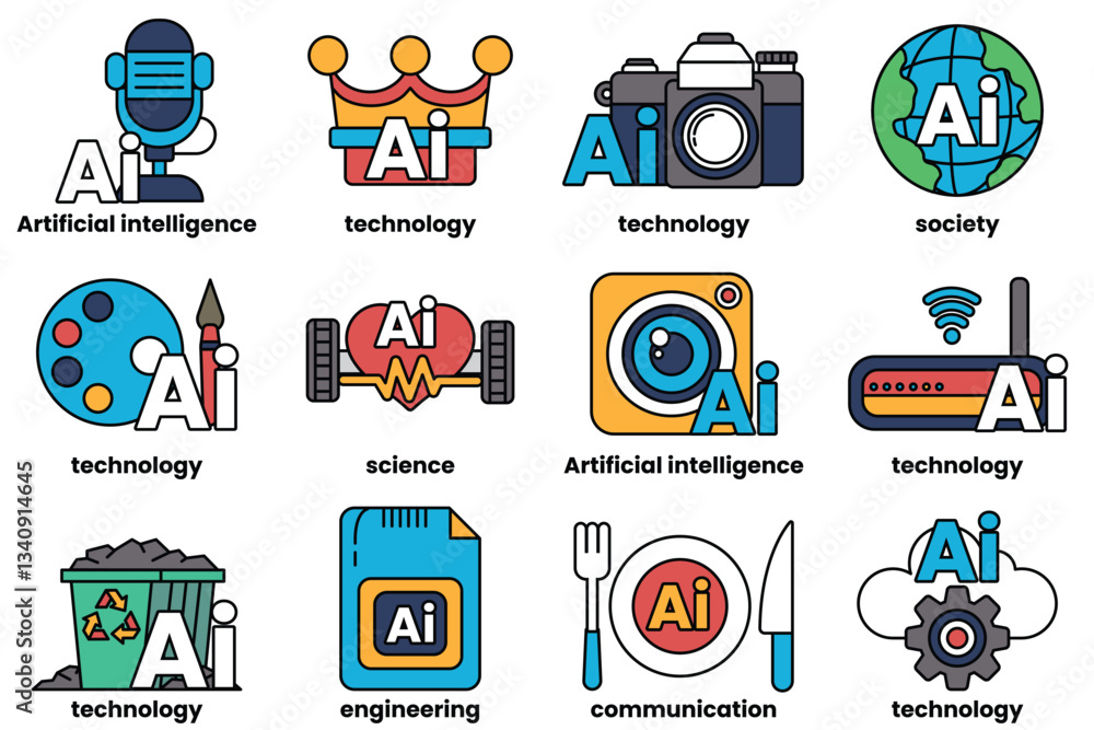 Poster set of illustrations in the concept of artificial intelligence and things in line art style