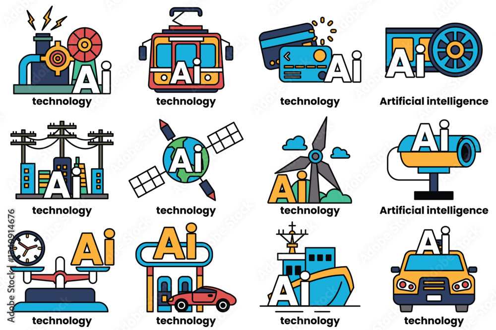 Poster set of illustrations in the concept of artificial intelligence and things in line art style