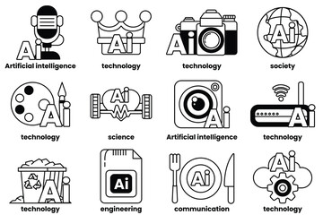Set of illustrations in the concept of Artificial Intelligence and things in line art style