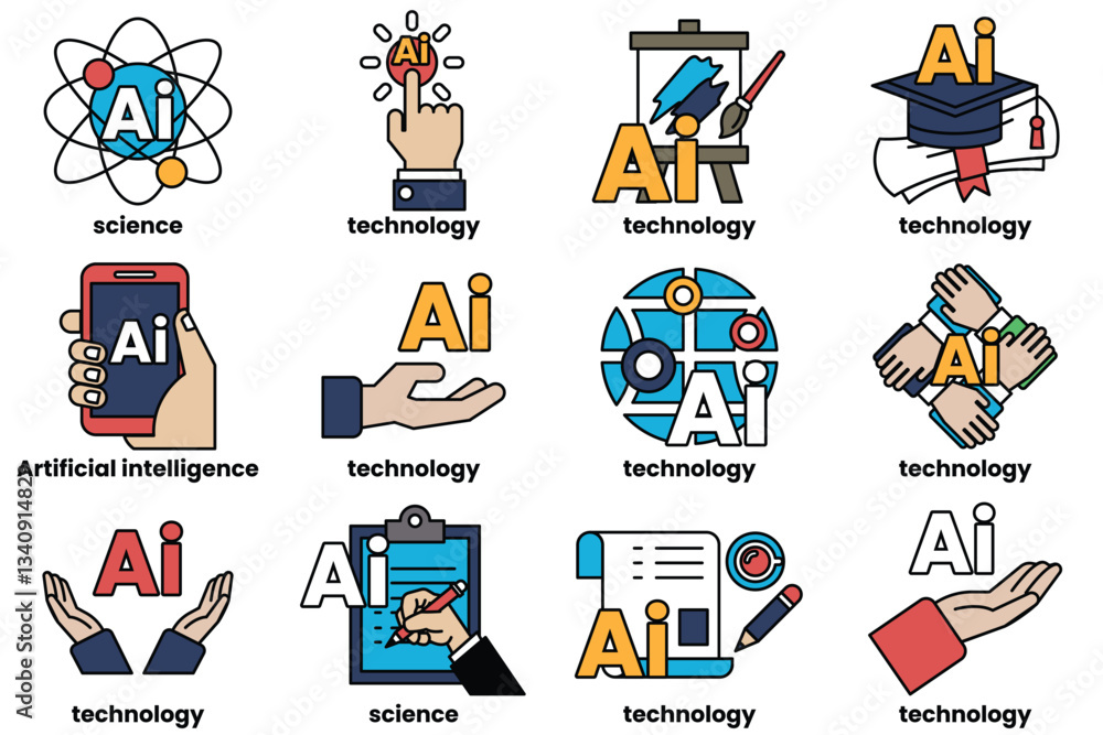 Poster set of illustrations in the concept of artificial intelligence and things in line art style
