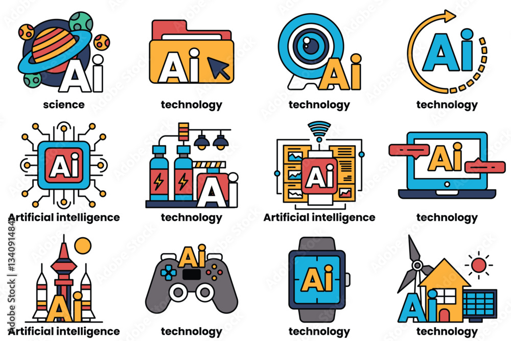 Poster set of illustrations in the concept of artificial intelligence and things in line art style