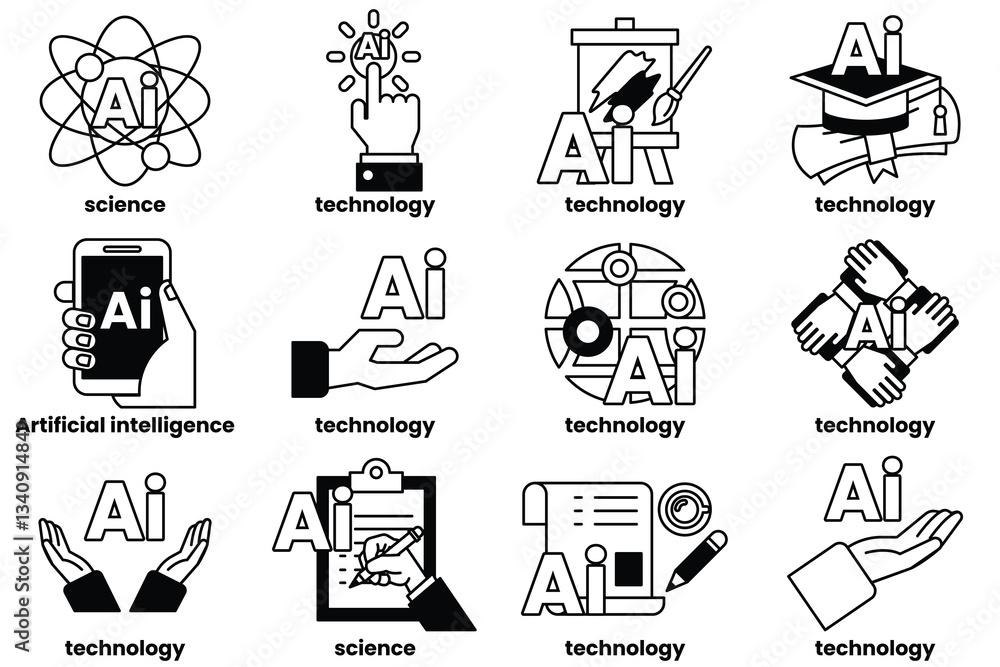 Poster set of illustrations in the concept of artificial intelligence and things in line art style