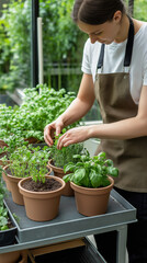 Person nurturing plants in a greenhouse with potted herbs  