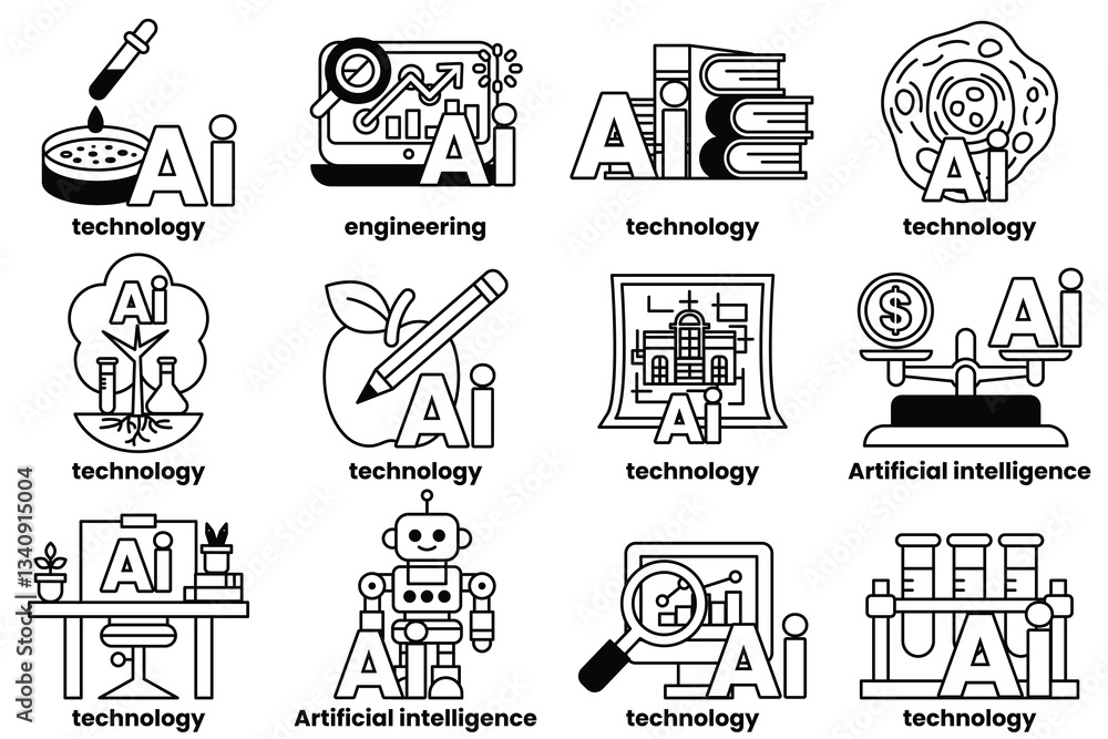 Poster set of illustrations in the concept of artificial intelligence and things in line art style