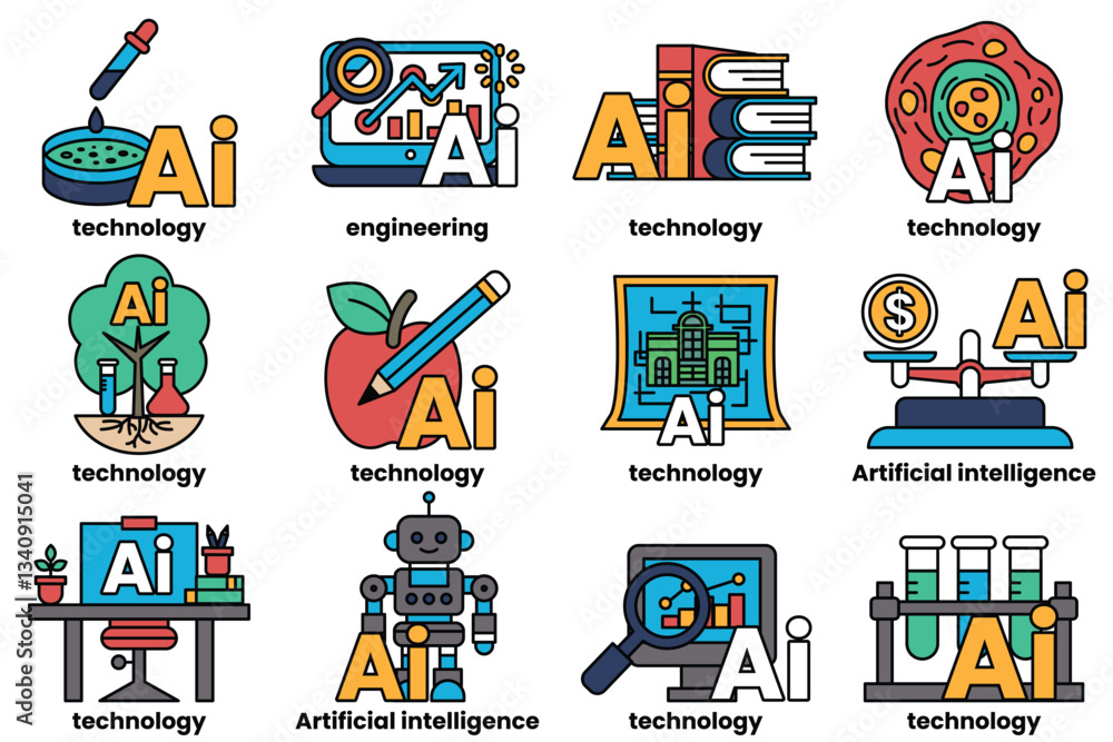 Poster set of illustrations in the concept of artificial intelligence and things in line art style