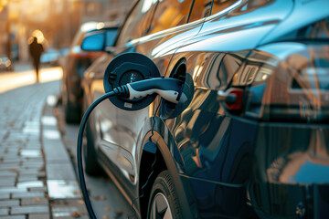 Obraz premium Power source for charging battery of beautiful hybrid electric car on road, abstract vivid composition consists of fictional unreal fantastic vision on background