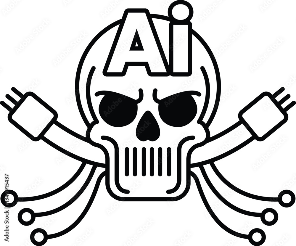 Poster skull with a wire sticking out of it with the letters ai above it