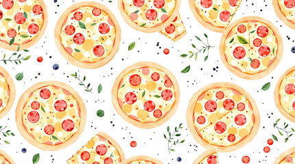 Seamless watercolor pattern featuring isolated pizza slices on a clean white background ideal for fast food and Italian cuisine designs