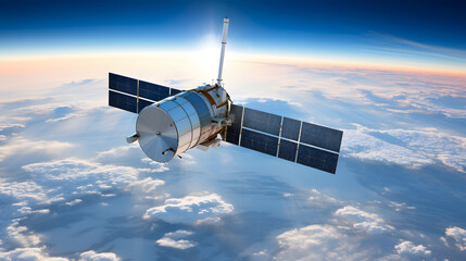 Obraz premium High-resolution view of a satellite orbiting above the clouds offering insights into space exploration and earth monitoring technology.