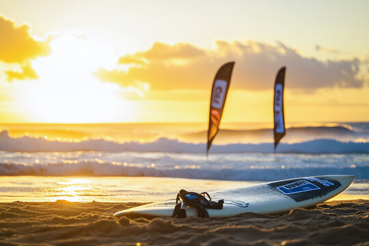  Surfboards on the beach at sunset with a surfer in the waves