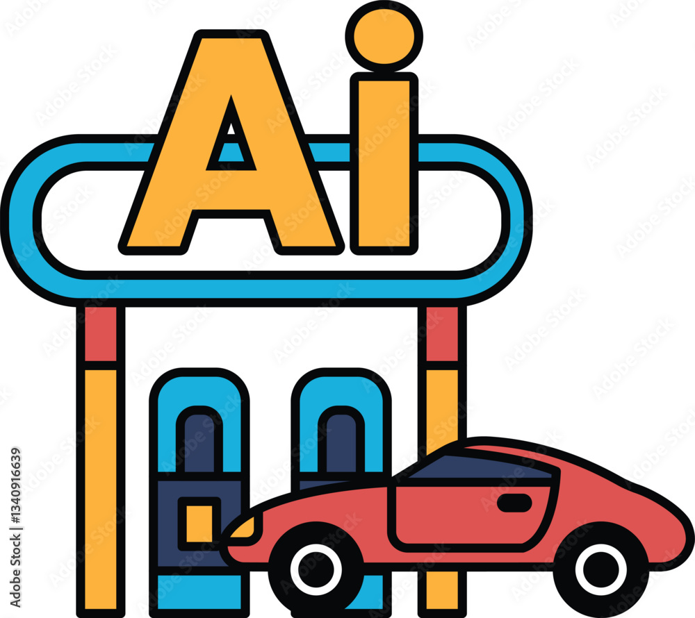 Poster a red car is parked in front of a building with the letters ai on it