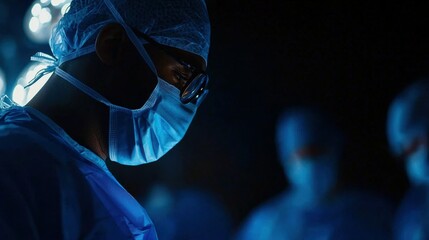 Surgeon Focused During Operation with Surgical Team in Hospital Under Surgical Lighting Setting