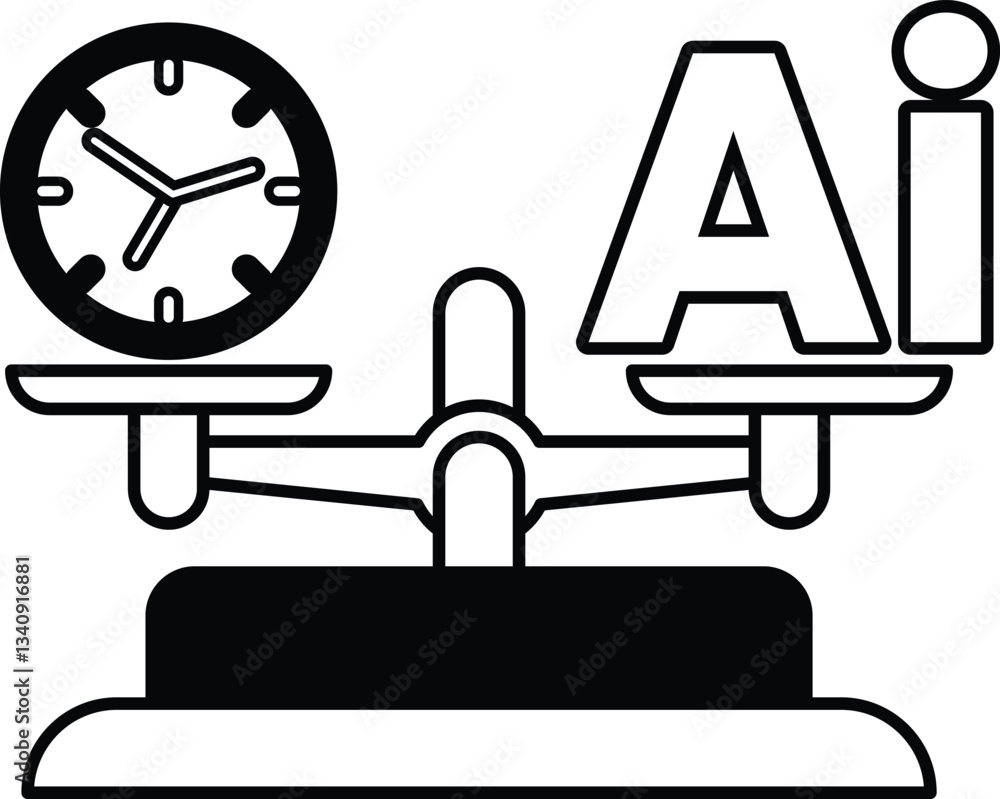 Poster clock is on one side of a scale and the word ai is on the other side
