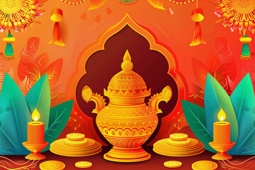 Greeting card with holiday composition for happy Akshaya Tritiya