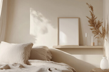 Nordic-Inspired Bedroom with Floating Wooden Shelf and White Picture Frame Mockup