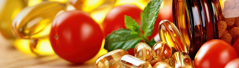 Vibrant display of vitamins with tomatoes and mint showcasing nutritional supplements closeup view