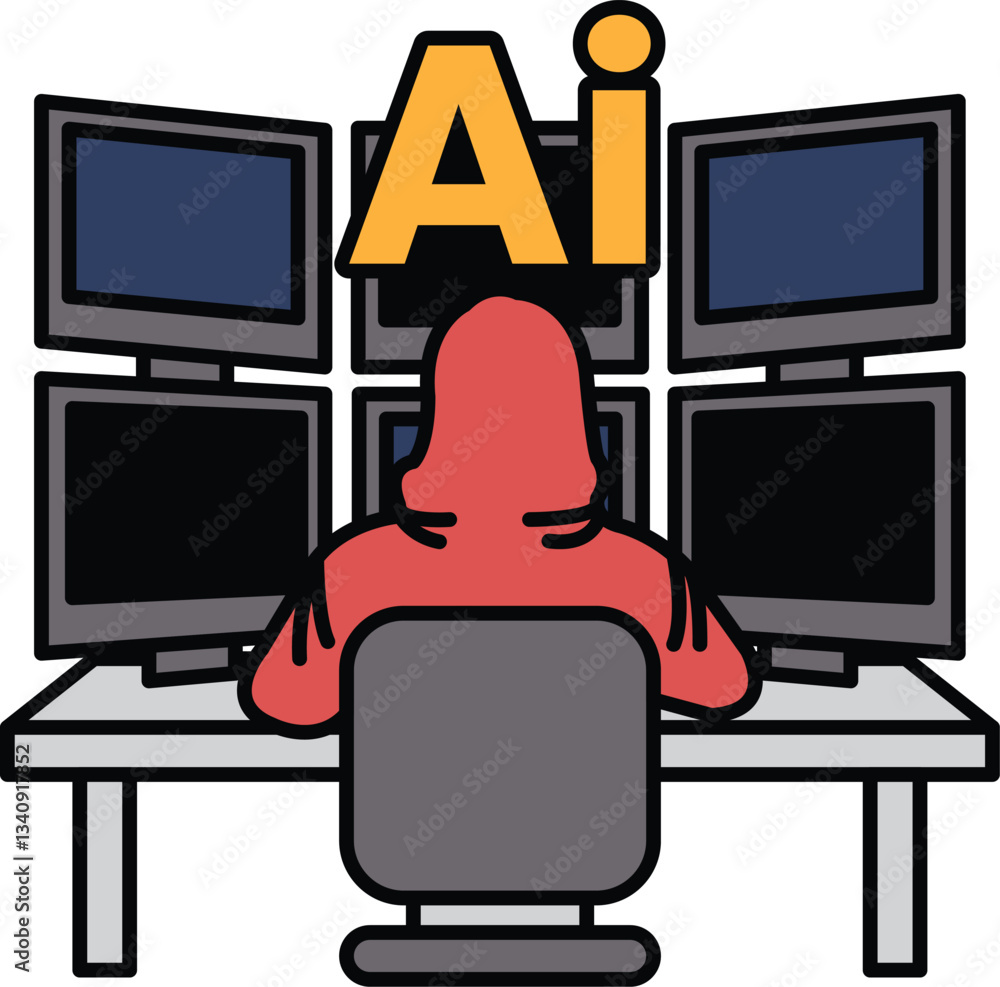 Poster a man in a red hoodie sits in front of a computer with a monitor displaying the