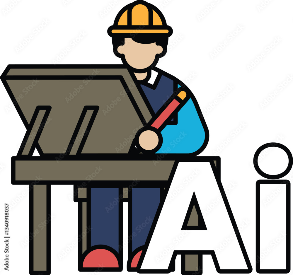 Poster a man is drawing on a desk with the letters ai in the background