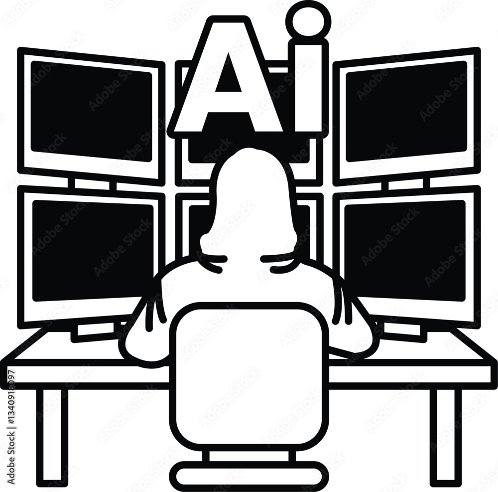 Poster a man in a hoodie sits in front of a computer with a monitor displaying