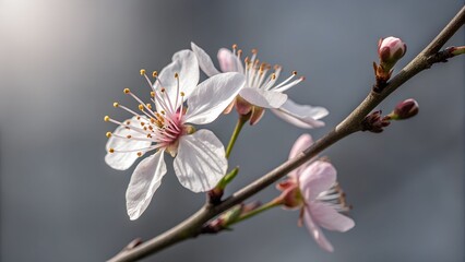 Sakura Branch in Bloom: Delicate cherry blossoms in full bloom, their soft petals contrasting with the stark branch. A close-up shot captures the serene beauty of spring