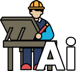 A man is drawing on a desk with the letters AI in the background