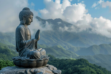 Fototapeta premium Ancient statue great Buddha on bright holiday composition, abstract vivid composition consists of fictional unreal fantastic vision on background