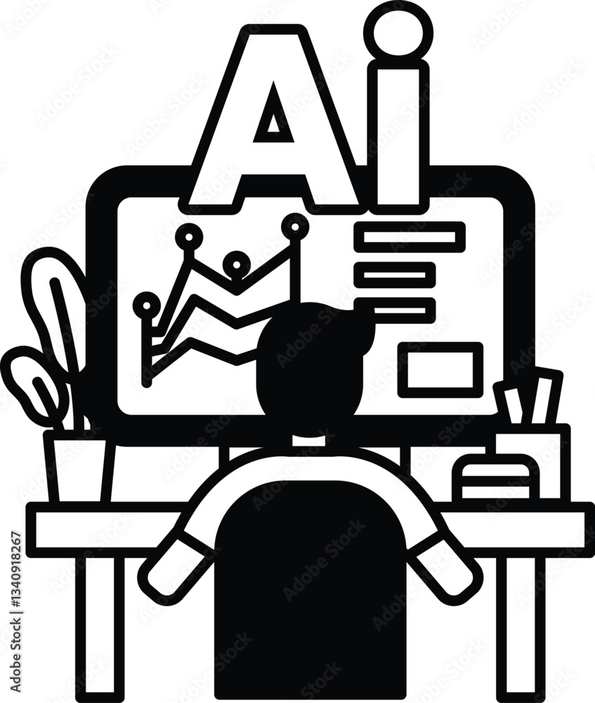Poster a man is sitting at a desk in front of a computer monitor with the letters ai