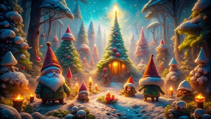 Fototapeta premium Whimsical Winter Gnomes: Festive Snow Banner Design