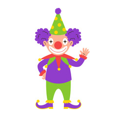 Cheerful clown in a festive colorful costume waving his hand cheerfully. Vector illustration.