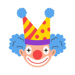 Cheerful clown with blue curly hair, red nose and festive hat. Vector illustration.