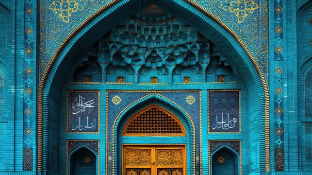 The blue archway is decorated with gold and blue tiles