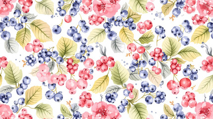 Seamless pattern of red, blue and purple berries on white background, vector